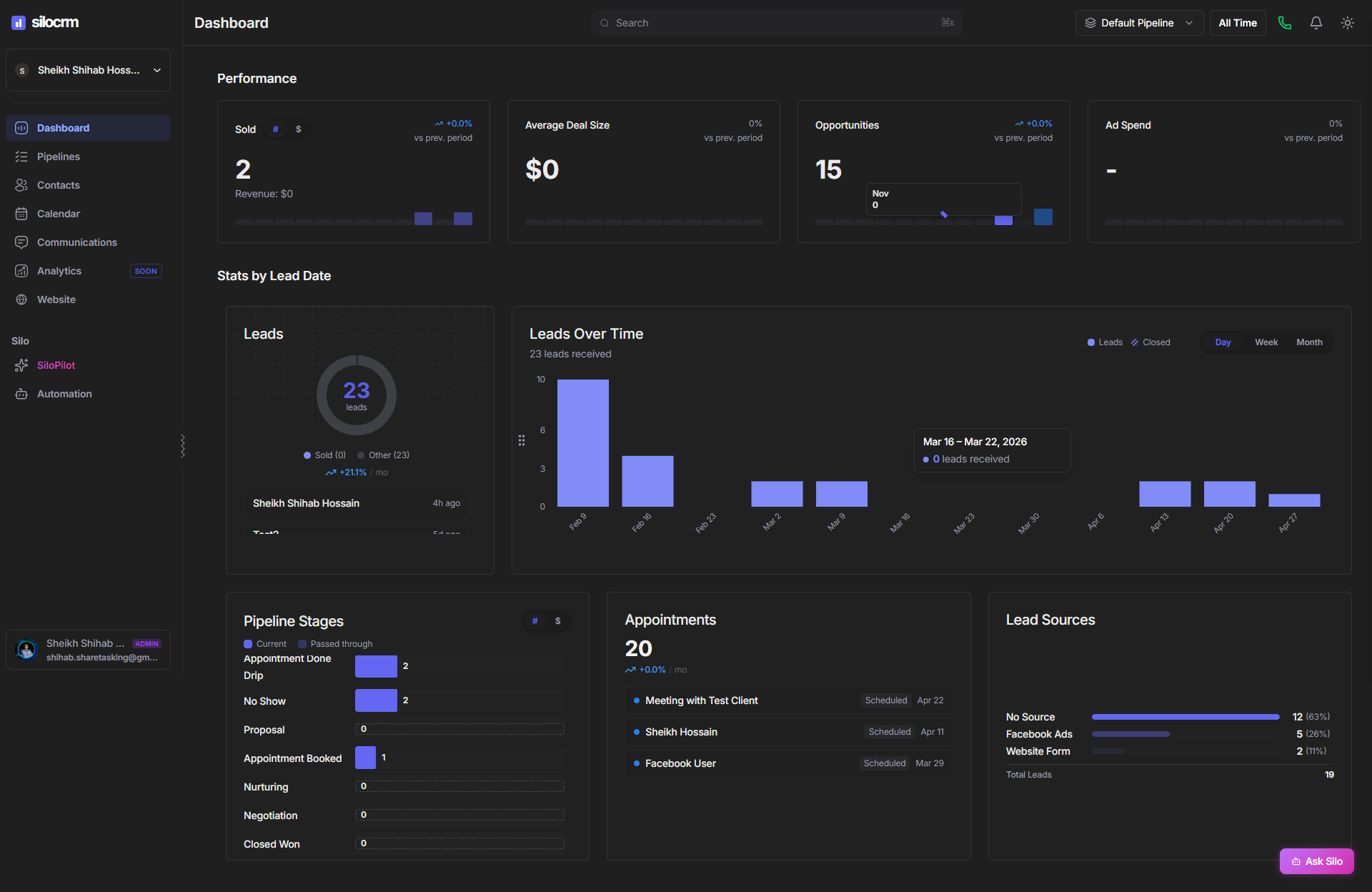SiloPilot — Multi-Channel LLM Agent — screenshot. Feature of SiloCRM · built core integrations (5+ engineer team). Built with LLM, RAG, ElevenLabs ConvAI, Twilio.