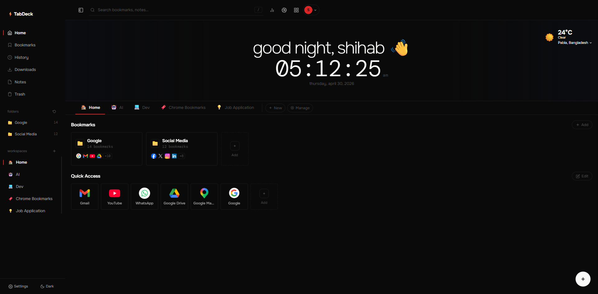 TabDeck — screenshot. Chrome new tab page · 13+ stars · open source. Built with JavaScript, Chrome Extension.