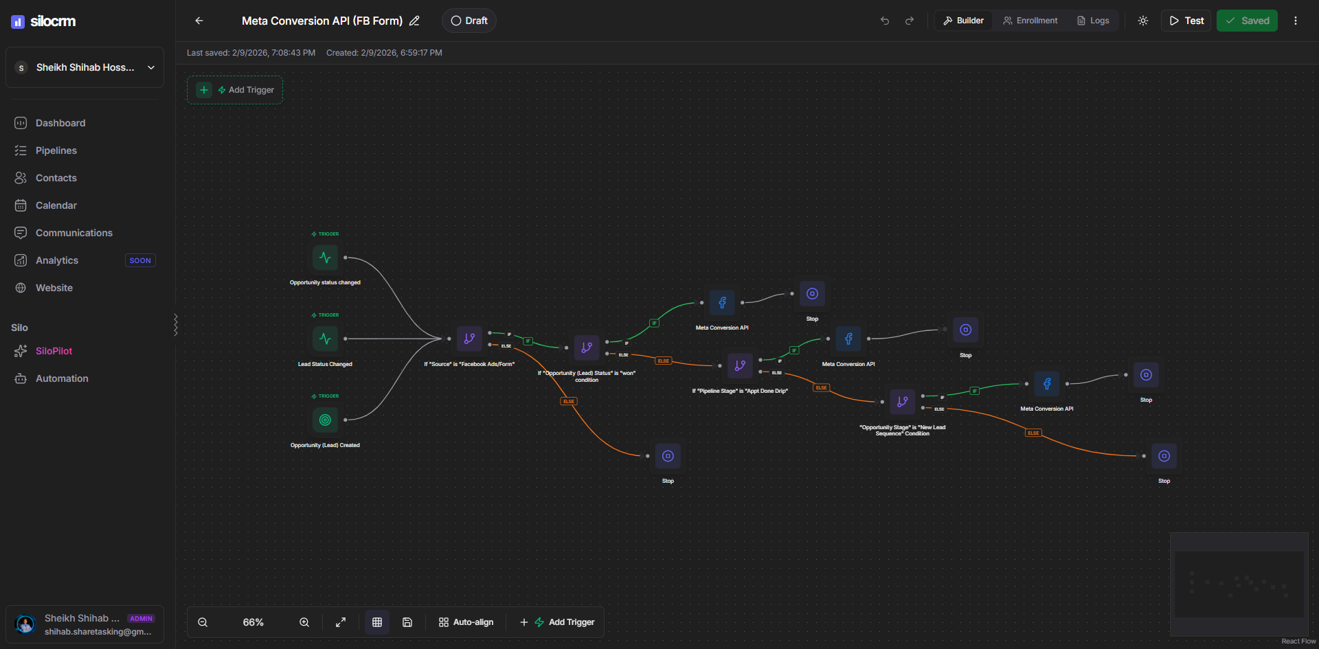 Workflow Automation Engine — screenshot. Feature of SiloCRM · designed and built end-to-end (solo). Built with React Flow, Zustand, Fastify, Prisma.