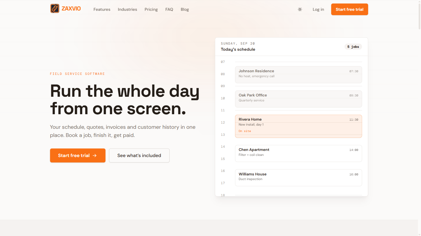 Zaxvio CRM. Multi-tenant field-service SaaS for HVAC contractors. Built solo, end-to-end. Built with TypeScript, Next.js 14, Fastify, Turborepo.